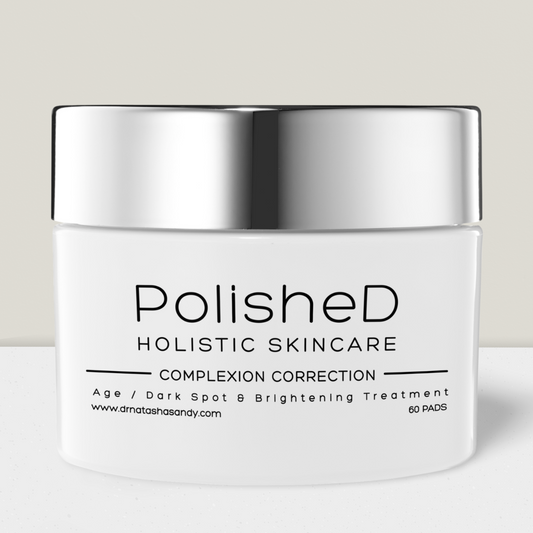A jar of Polished Holistic Skincare complexion correction pads, designed for brightening and dark spot correction.