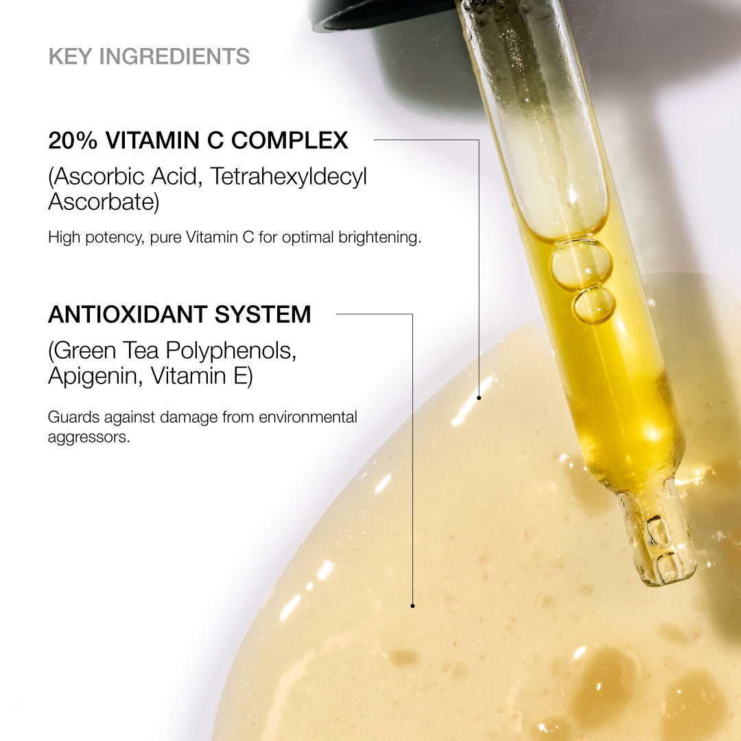 Product with a dropper and text about key ingredients including Vitamin C complex and antioxidant system.